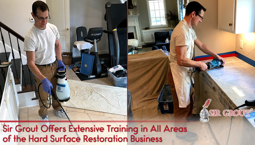 Franchisee Prepping and Buffing Hard Surfaces in Home Which Sir Grout's Extensive Training Provides for Franchisees