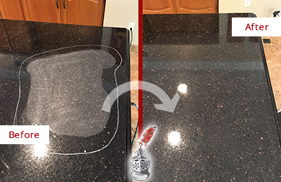Before and after picture of black granite countertop badly scratched
