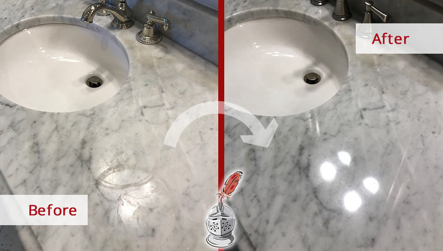 Learn everything about marble, a natural stone favored for countertops Before and after picture of a grey marble countertop restoration