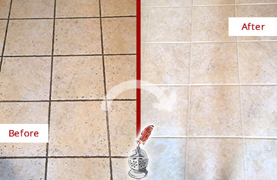 Before and After picture of a tile floor cleaning