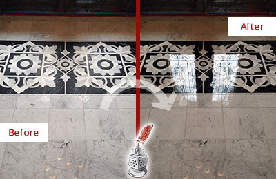Before and After picture of a marble floor polishing service