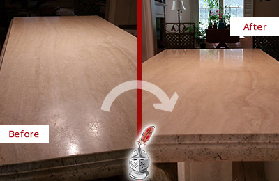 Before and After picture of a marble countertop polishing service