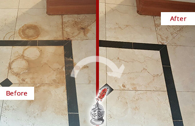 Sir Grout Can Remove Stains Like This From Marble Floors Before and After Picture of a Marble Floor Stain Removal