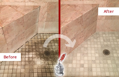 Our Restoration Services Are Now Available to Residents in Seattle Before and After Picture of Shower Floor Restoration