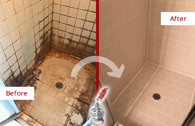 Our Restoration Services Are Now Available to Residents in Austin Before and Afgter Picture of Shower Floor Restorarion